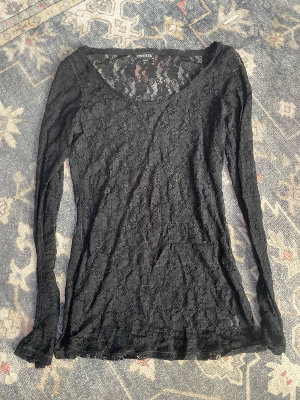Express Black Lace Scoop-Neck Long Sleeve Top